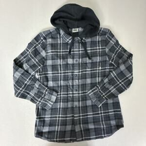 Vans Hooded Flannel Shirt Jacket Men's M Gray Black Plaid Button Up